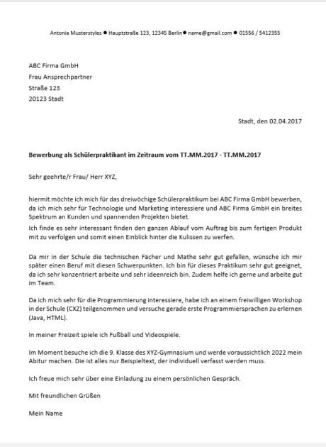 ᐅ Bewerbung Schülerpraktikum | kostenloses Muster